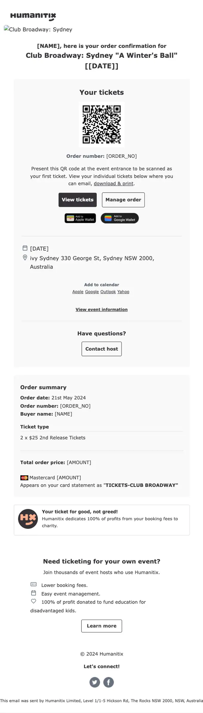 Humanitix order confirmation email, full length
