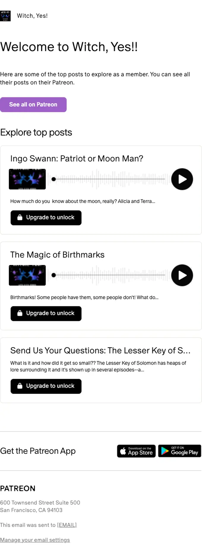 Patreon welcome email, full length