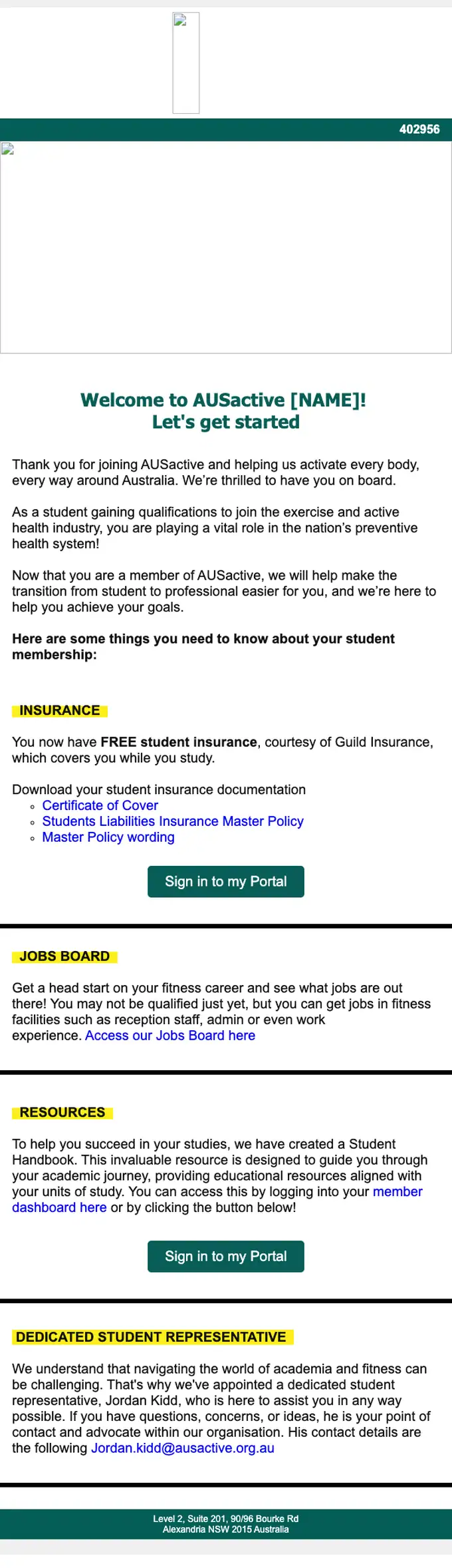 AUSactive welcome email, full length