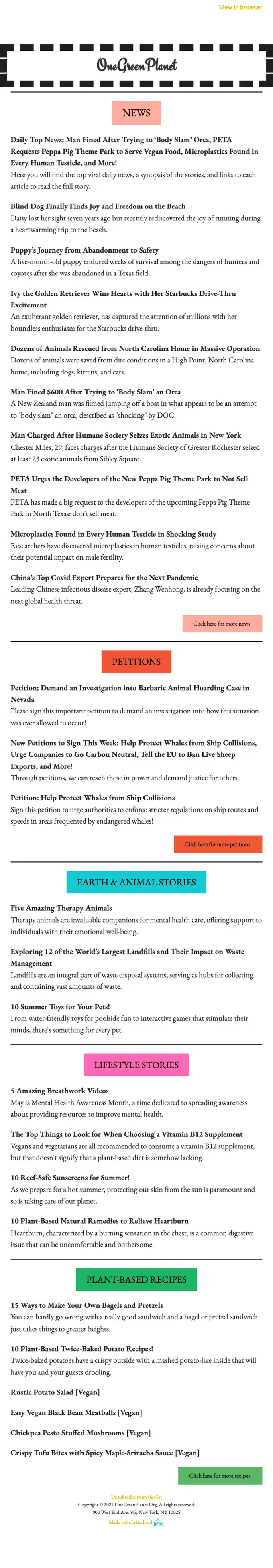 One Green Planet newsletter email, full length