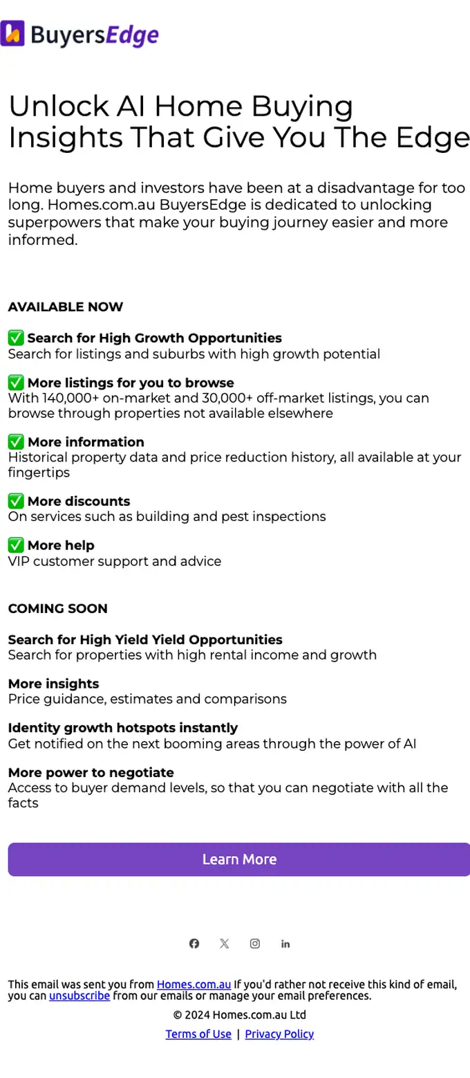 Homes.com.au promotional email, full length