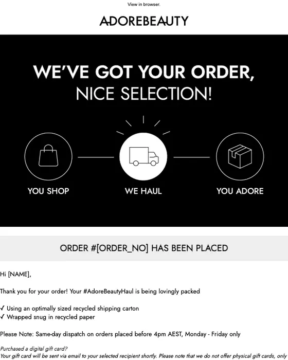 Adore Beauty order confirmation email
