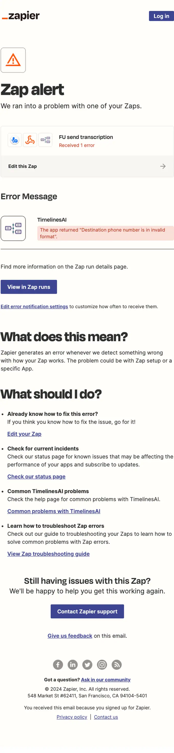 Zapier Alerts security alert email, full length