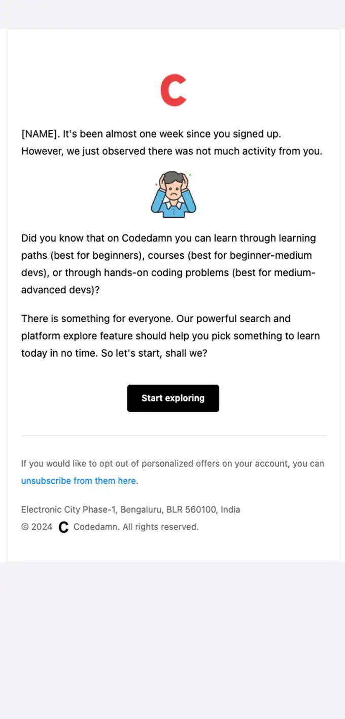 Codedamn re engagement email, full length