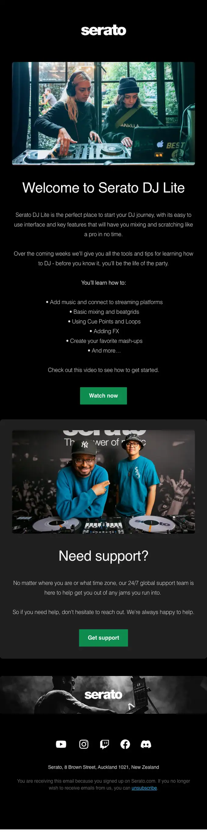 Serato welcome email, full length