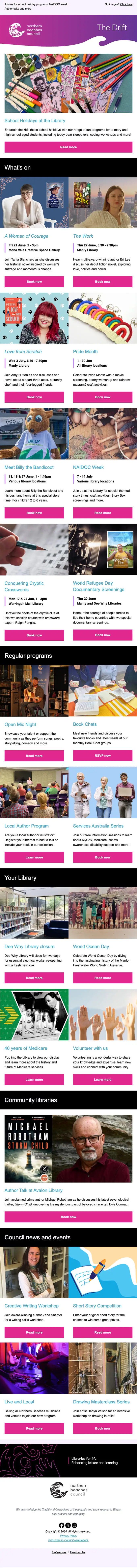 Northern Beaches Council Library Service newsletter email, full length