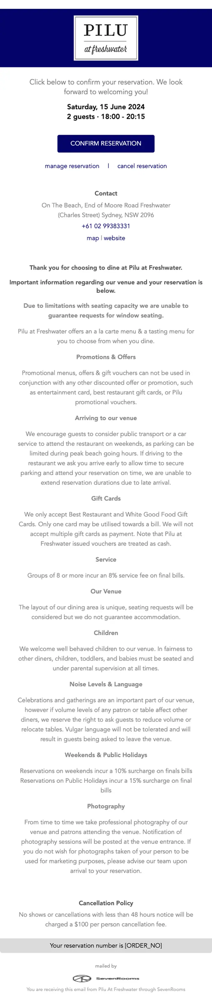 Pilu At Freshwater booking confirmation email, full length