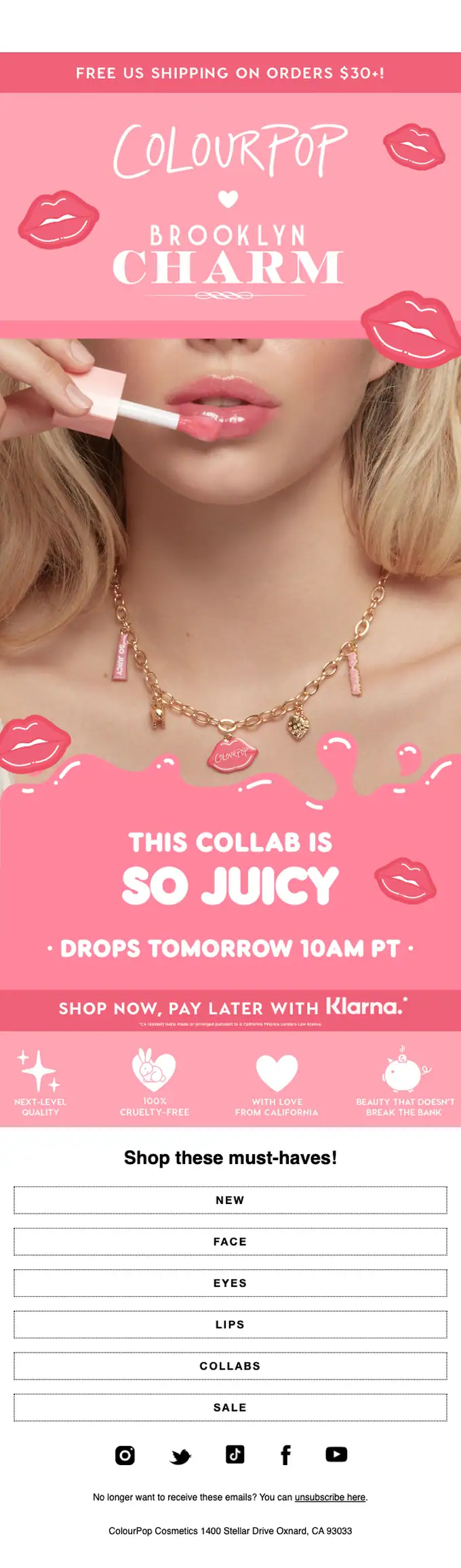ColourPop Cosmetics product launch email, full length