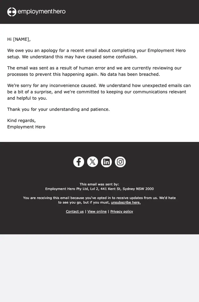 Employment Hero account notice email, full length