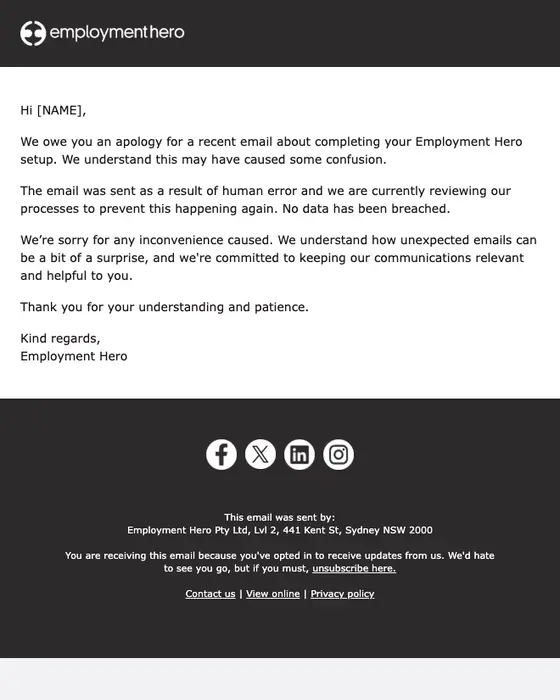 Employment Hero account notice email