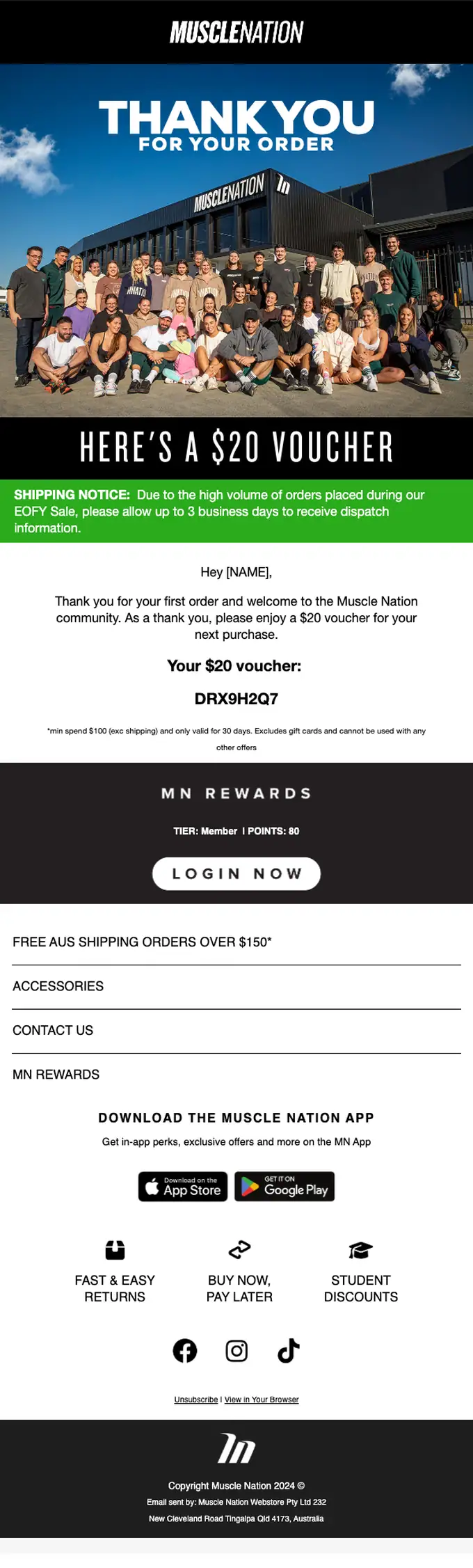 Muscle Nation thank you email, full length