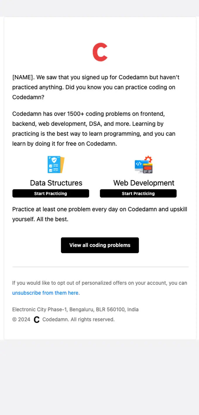 Codedamn re engagement email, full length