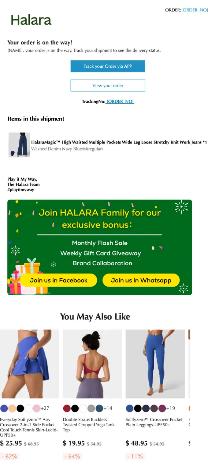 Halara shipping email, full length
