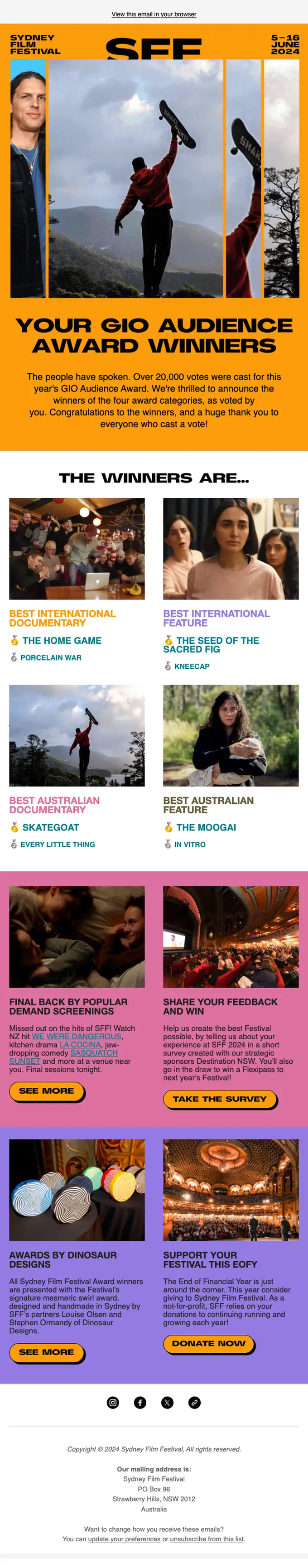 Sydney Film Festival newsletter email, full length