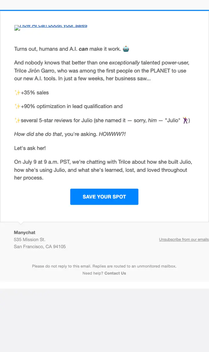 Manychat webinar email, full length