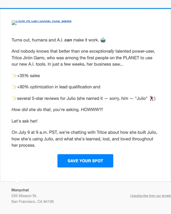 Manychat webinar email