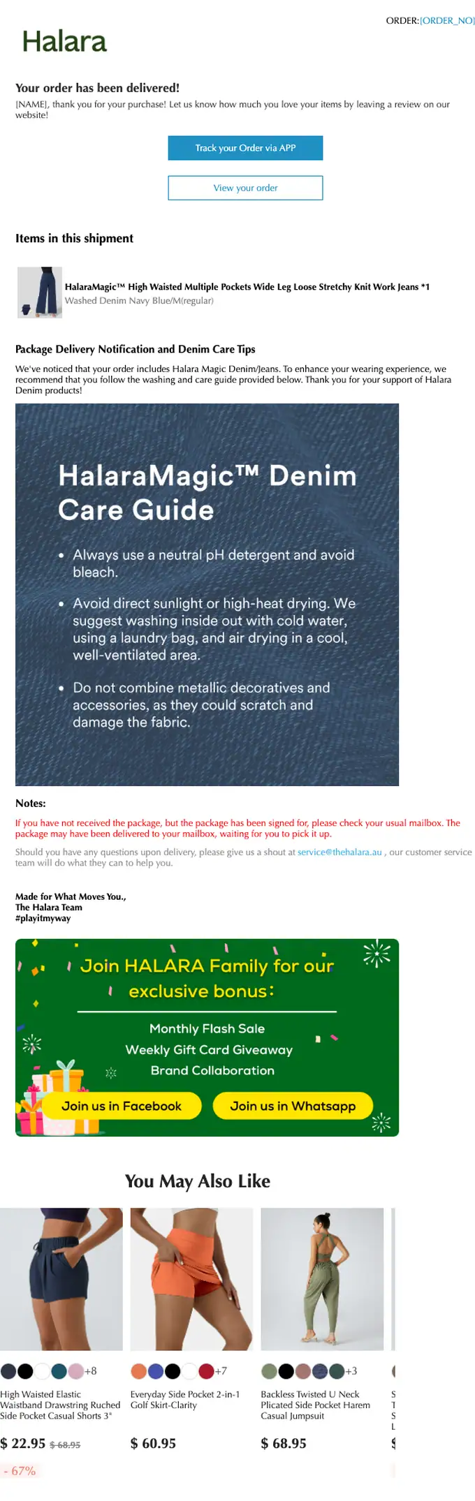 Halara delivery email, full length