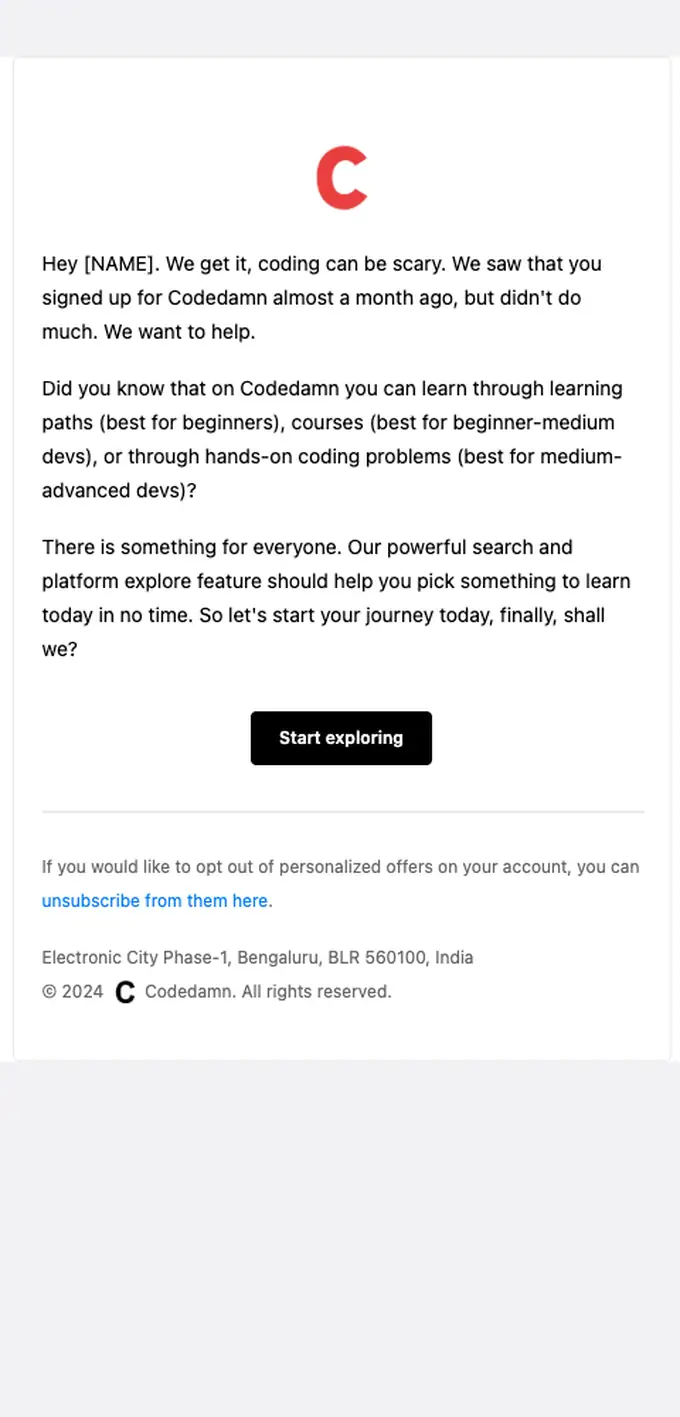 Codedamn re engagement email, full length