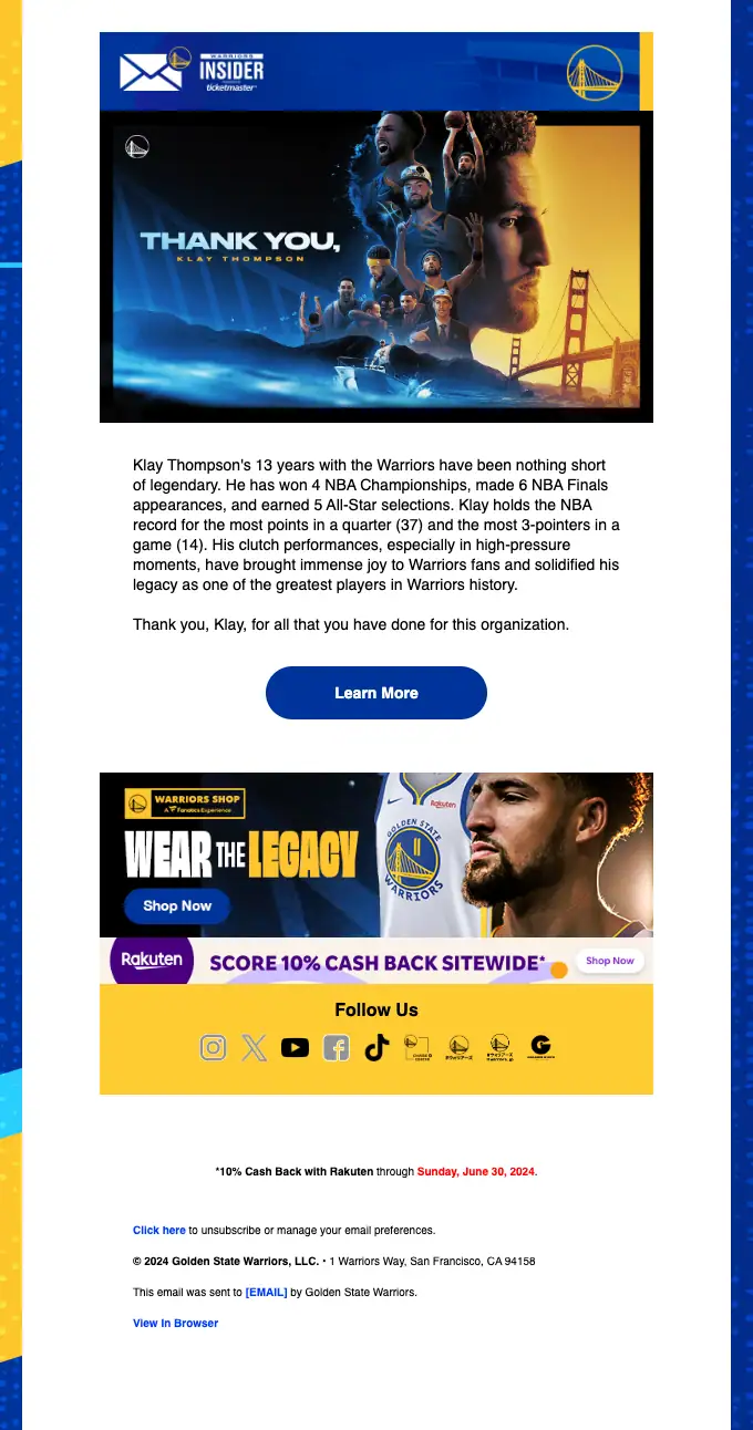 Golden State Warriors thank you email, full length