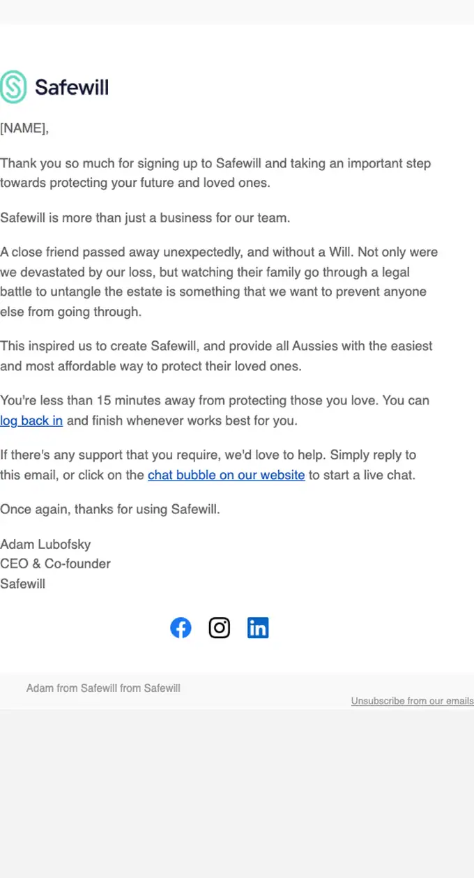 Safewill welcome email, full length