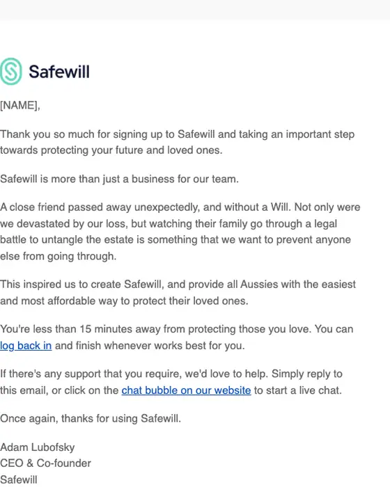 Safewill welcome email