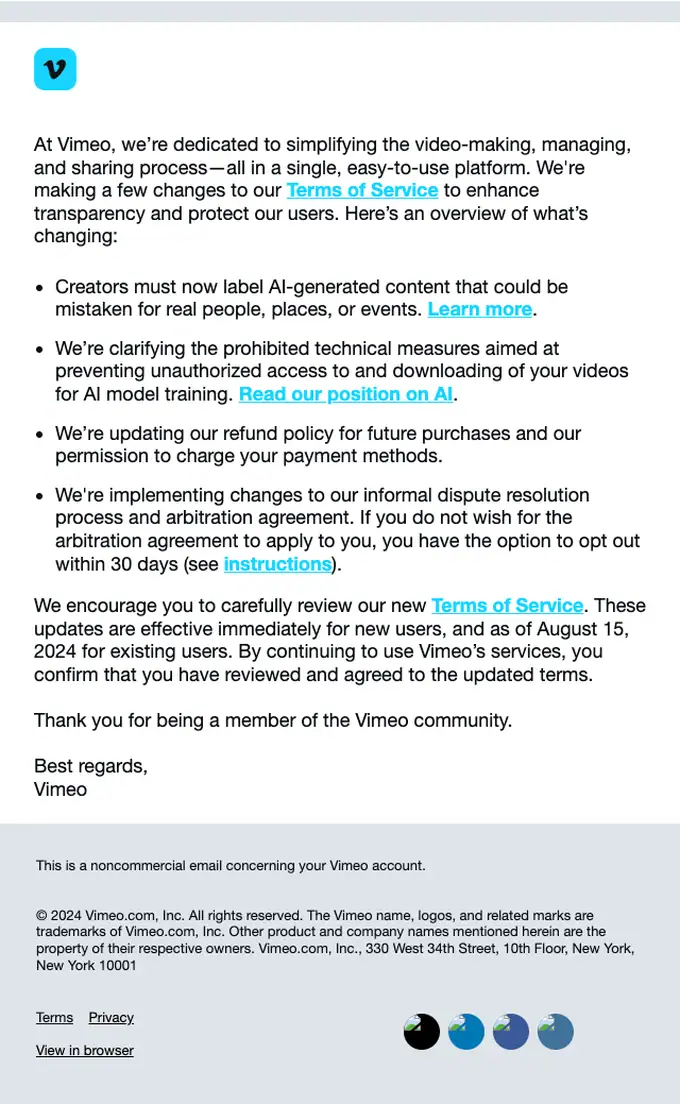 Vimeo account notice email, full length