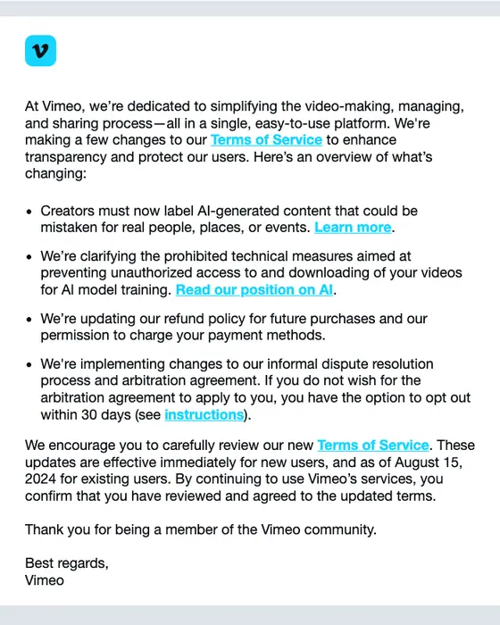 Vimeo account notice email