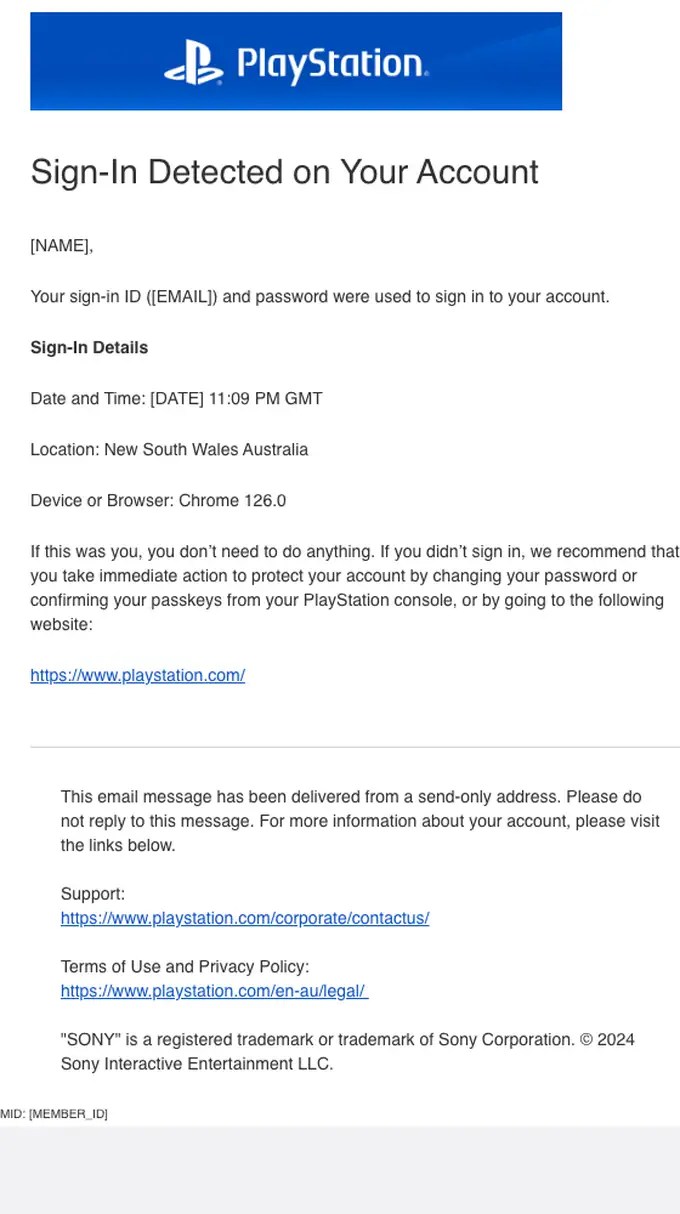Sony security alert email, full length