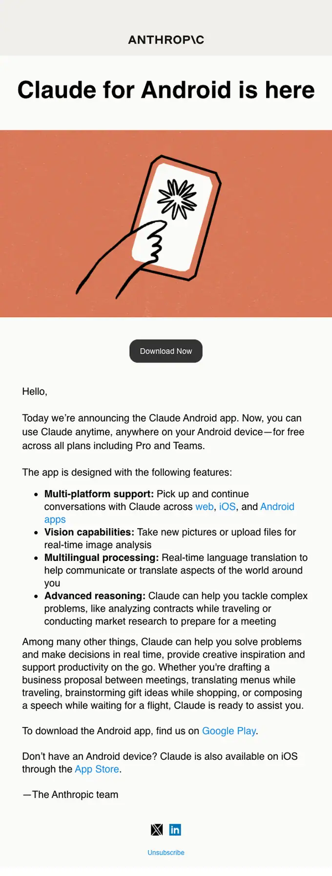 Anthropic product launch email, full length