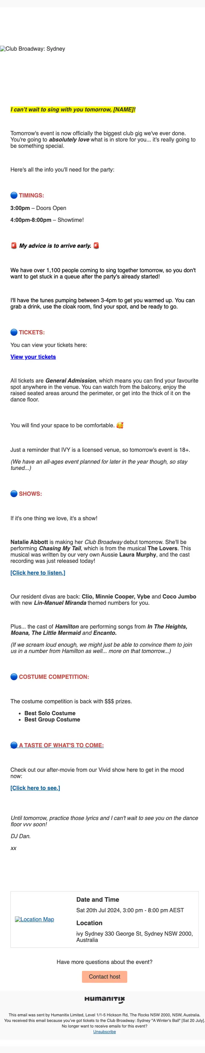 Club Broadway event invite email, full length