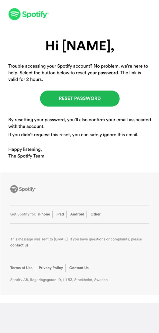 Spotify password reset email, full length