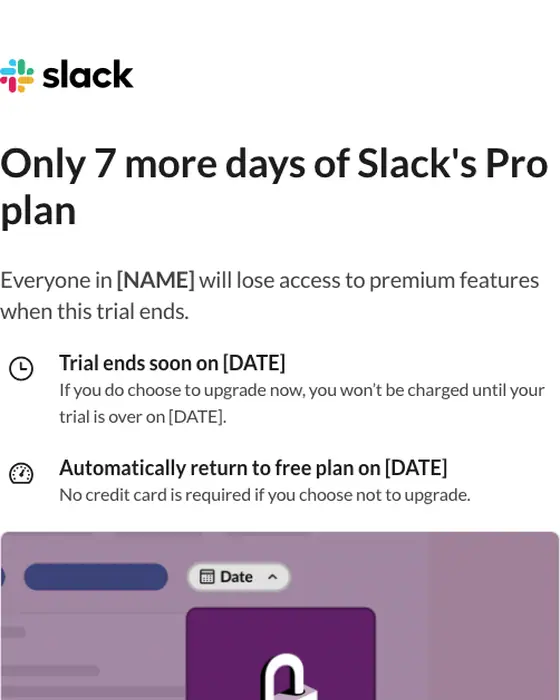 Slack expiration notice email: [NAME]'s free trial of Slack Pro ends in 7 days