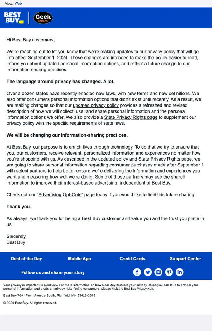Best Buy account notice email, full length