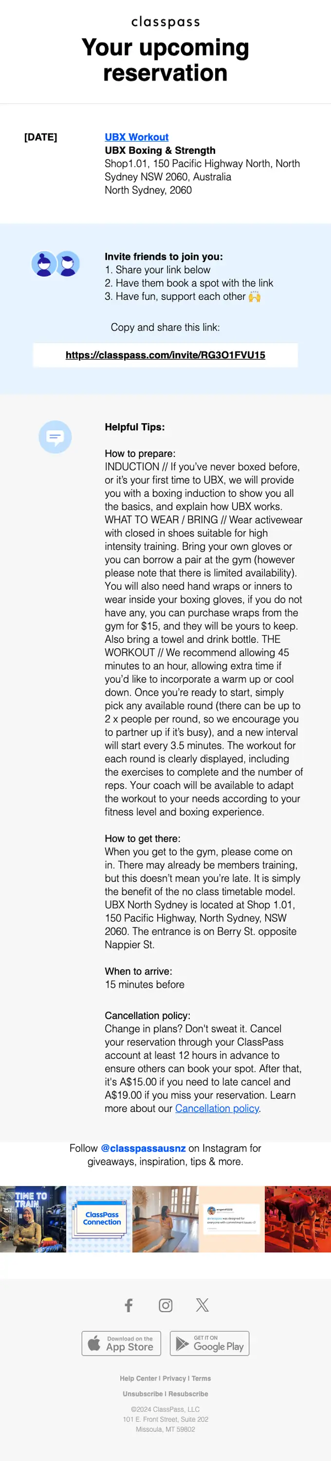 ClassPass reservation email, full length