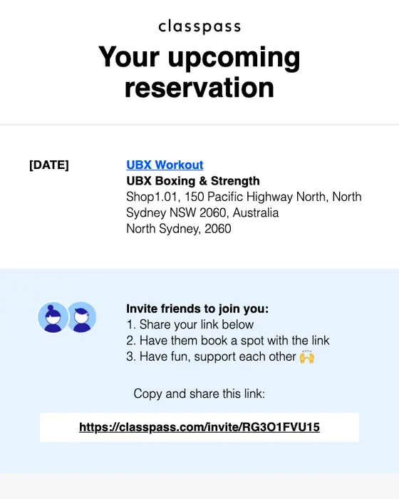 ClassPass reservation email