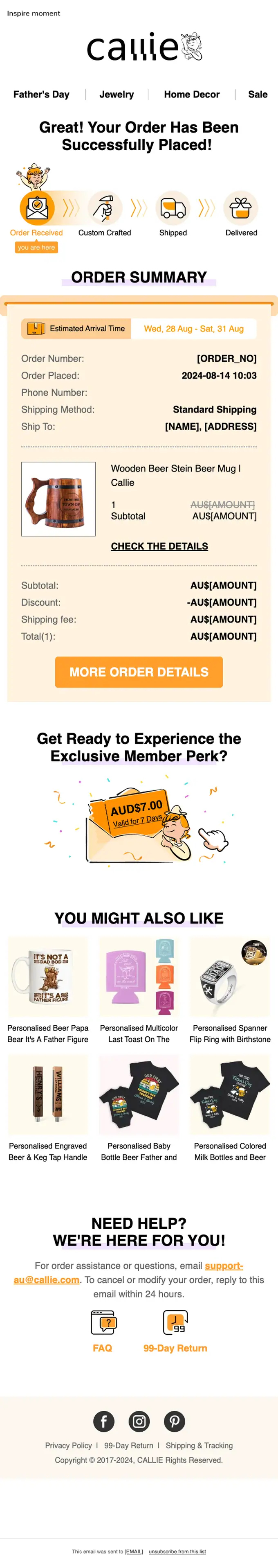 Callie order confirmation email, full length