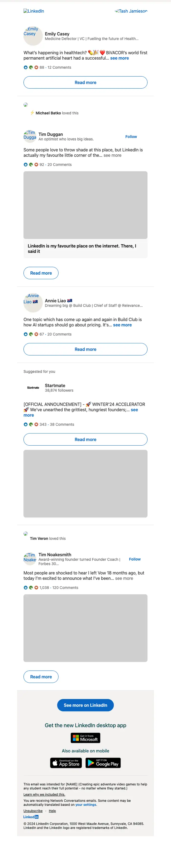 LinkedIn digest email, full length