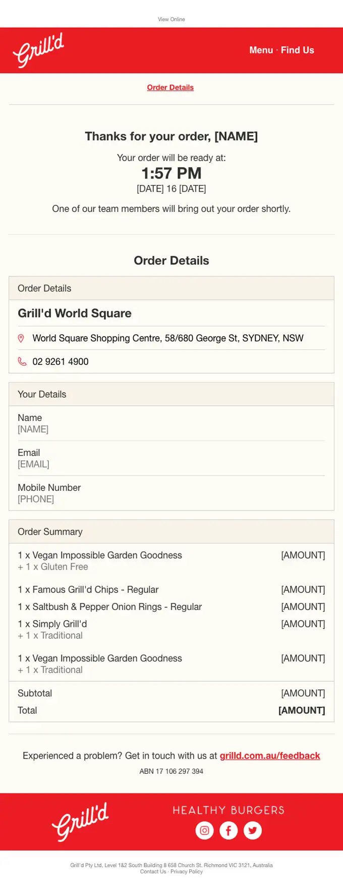 Grill'd order confirmation email, full length