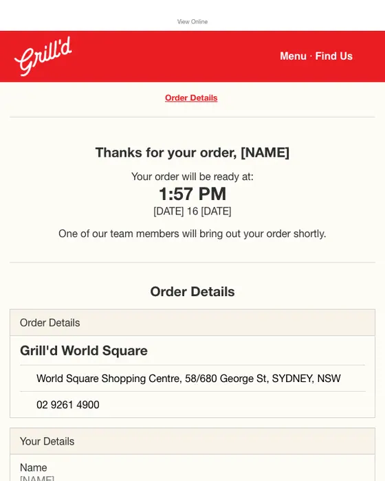 Grill'd order confirmation email