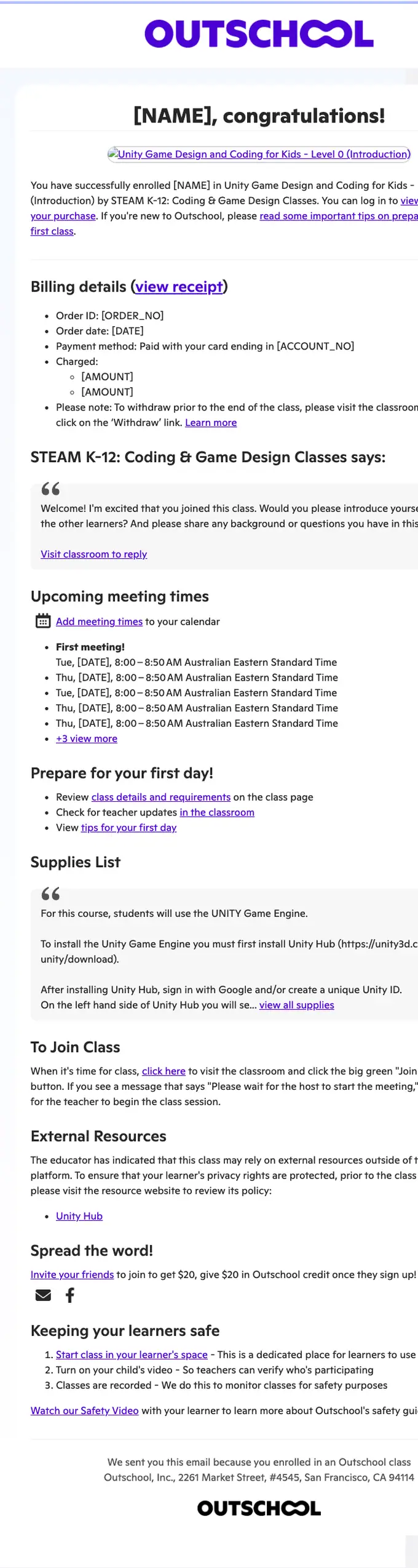 Outschool booking confirmation email, full length