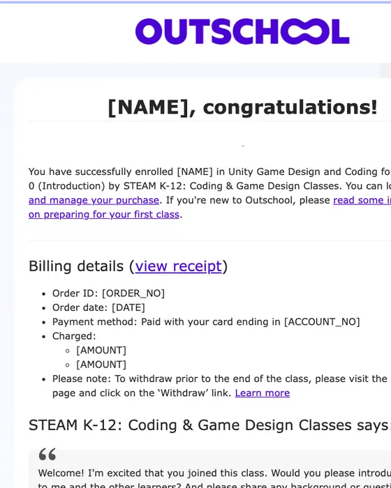 Outschool booking confirmation email