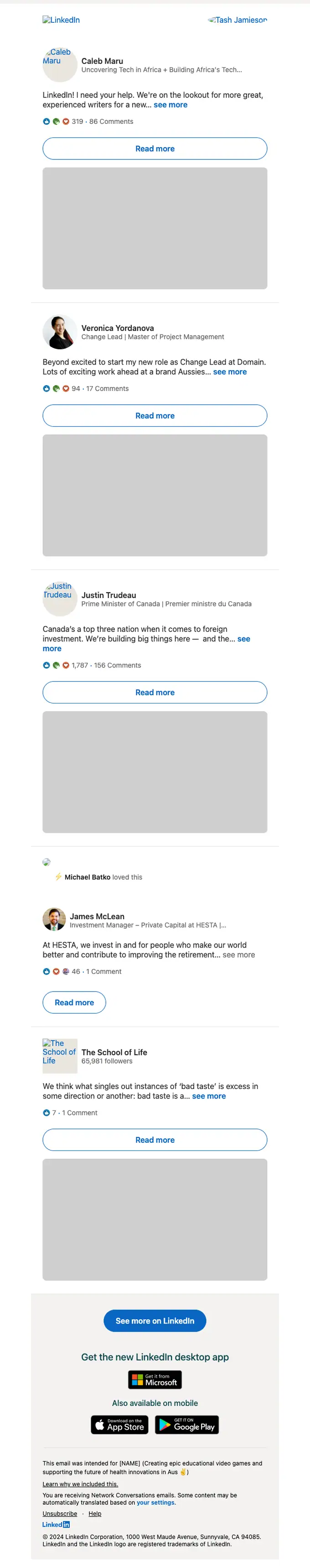 LinkedIn digest email, full length