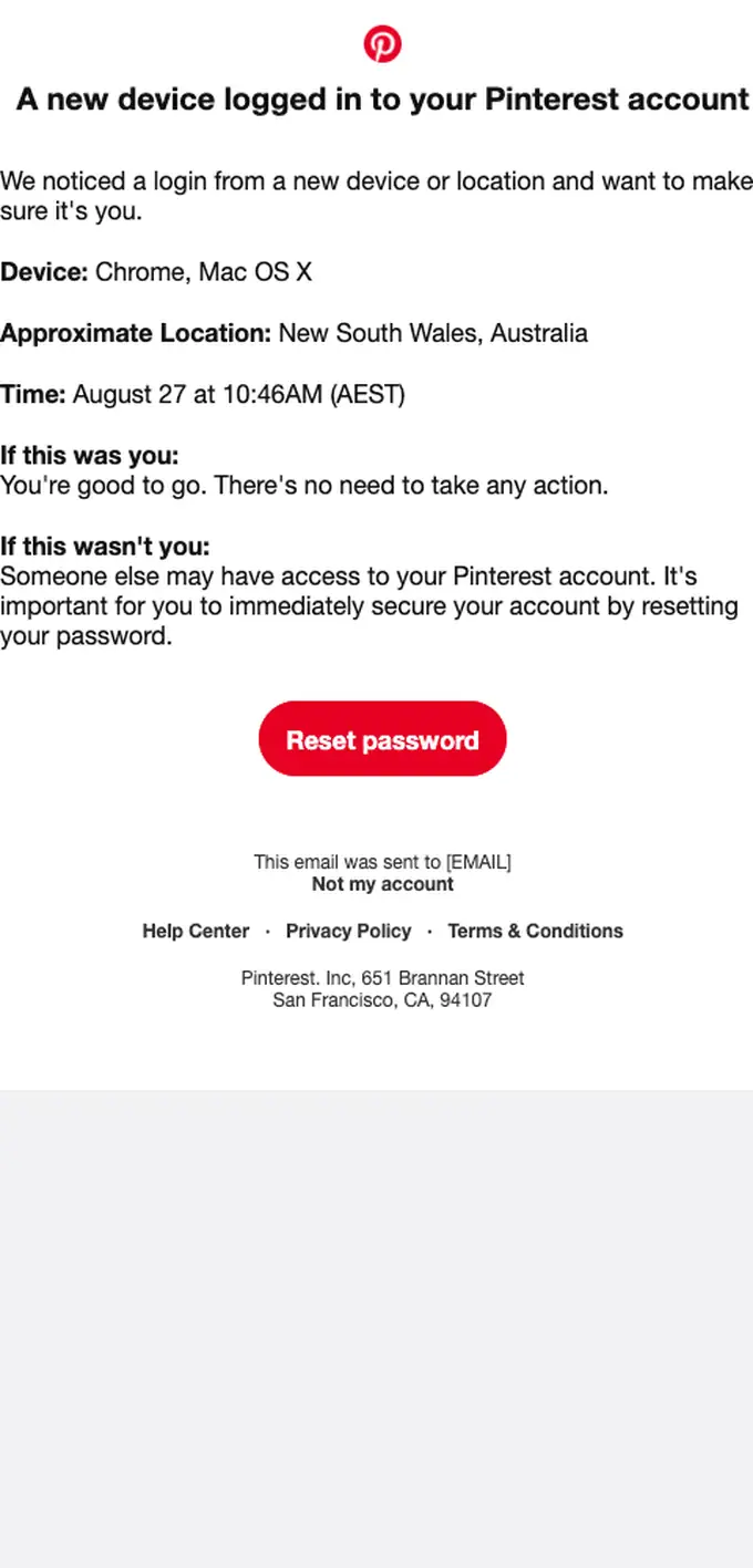 Pinterest security alert email, full length
