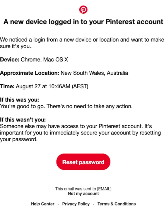 Pinterest security alert email