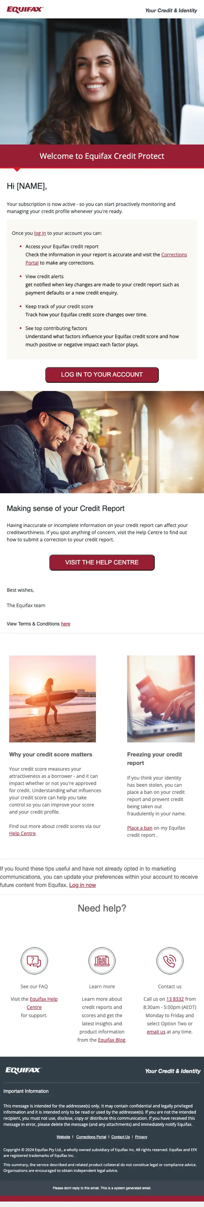 Equifax welcome email, full length