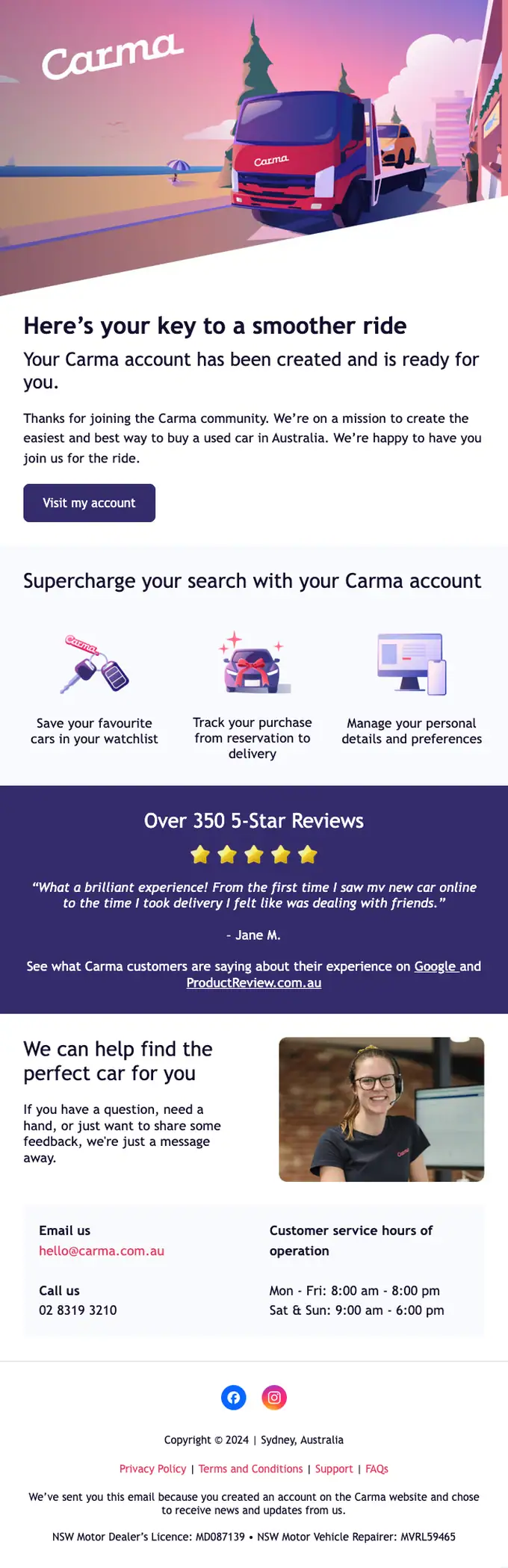 Carma welcome email, full length
