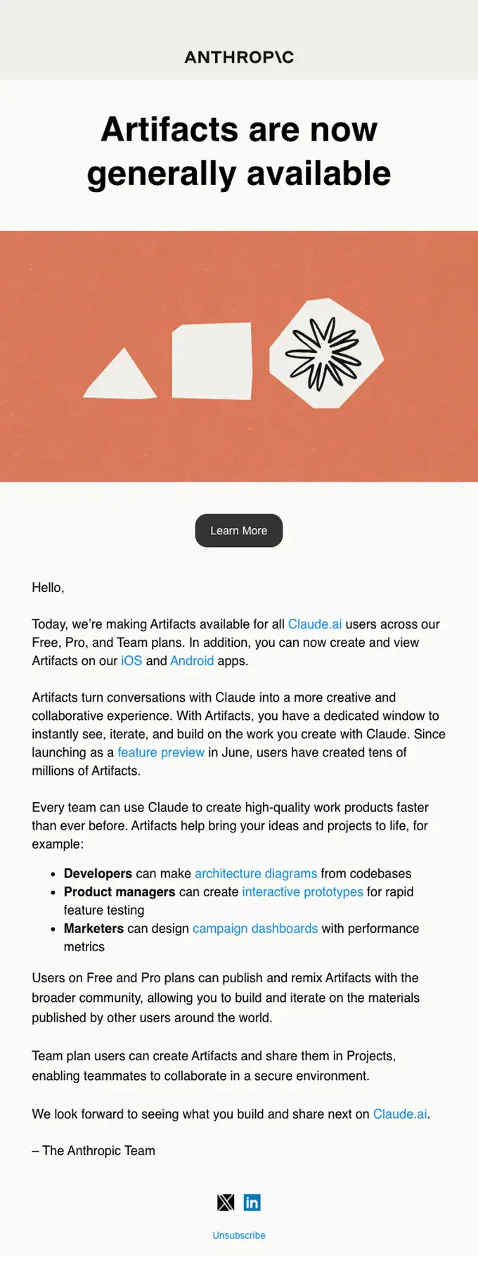 Anthropic product launch email, full length
