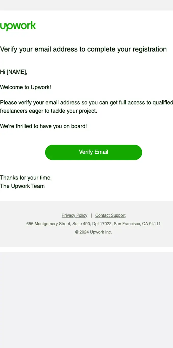 Upwork email verification email, full length