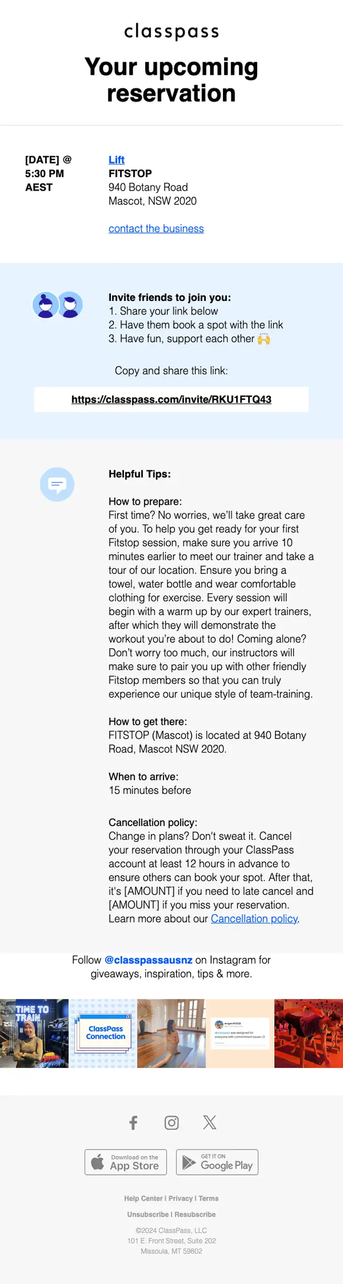 ClassPass reservation email, full length