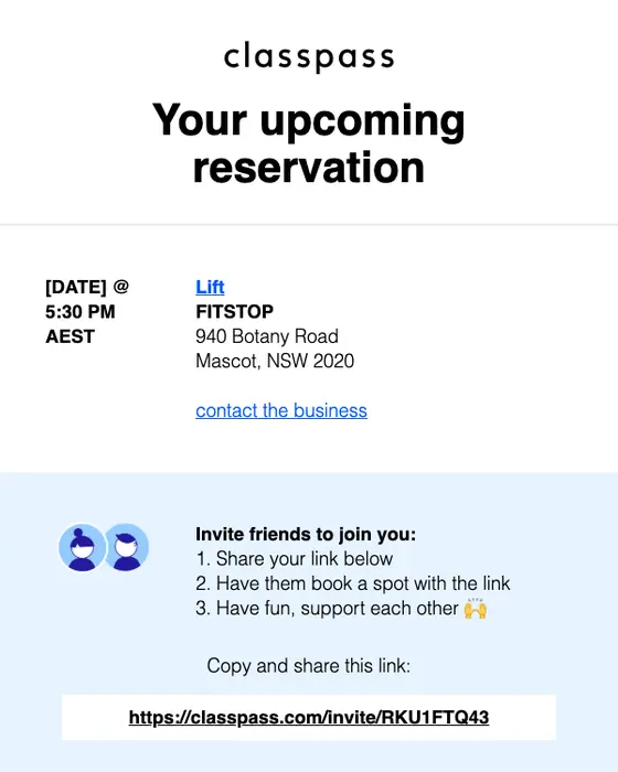 ClassPass reservation email